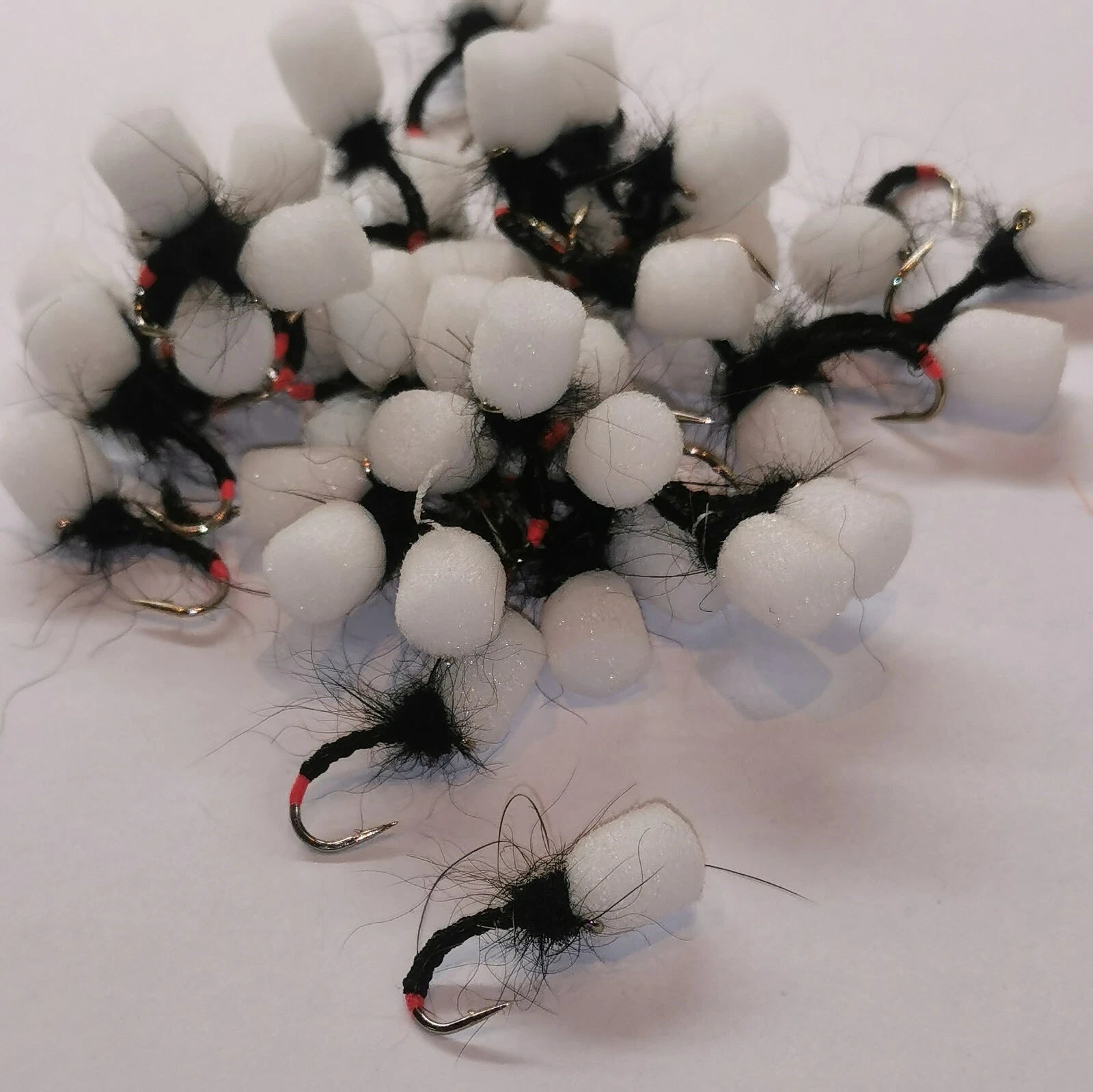 6 Black suspender top hat emerger white foam Buzzer red tag. Trout Fly Fishing