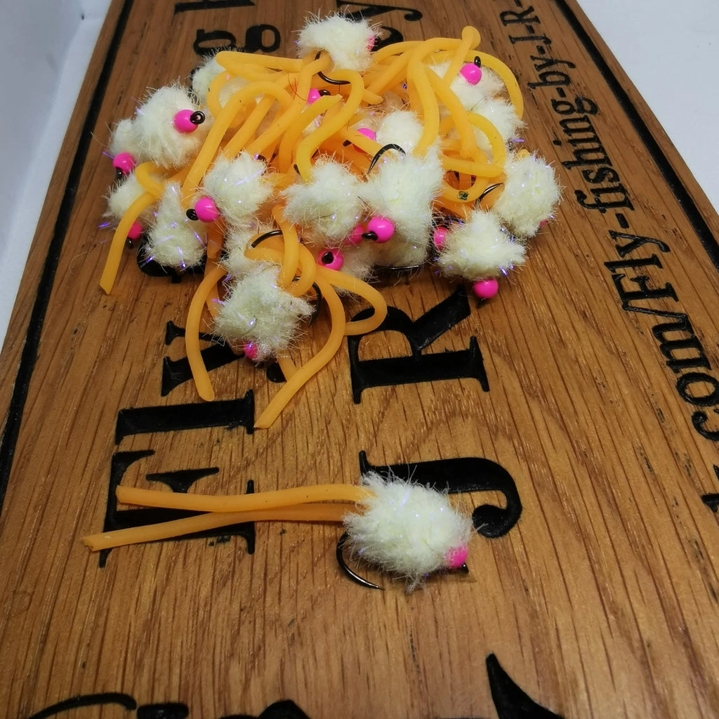 6 X  Orange Cheese Squirmy Worm Blob Size 10 Barbless Hot Head Trout Flies.