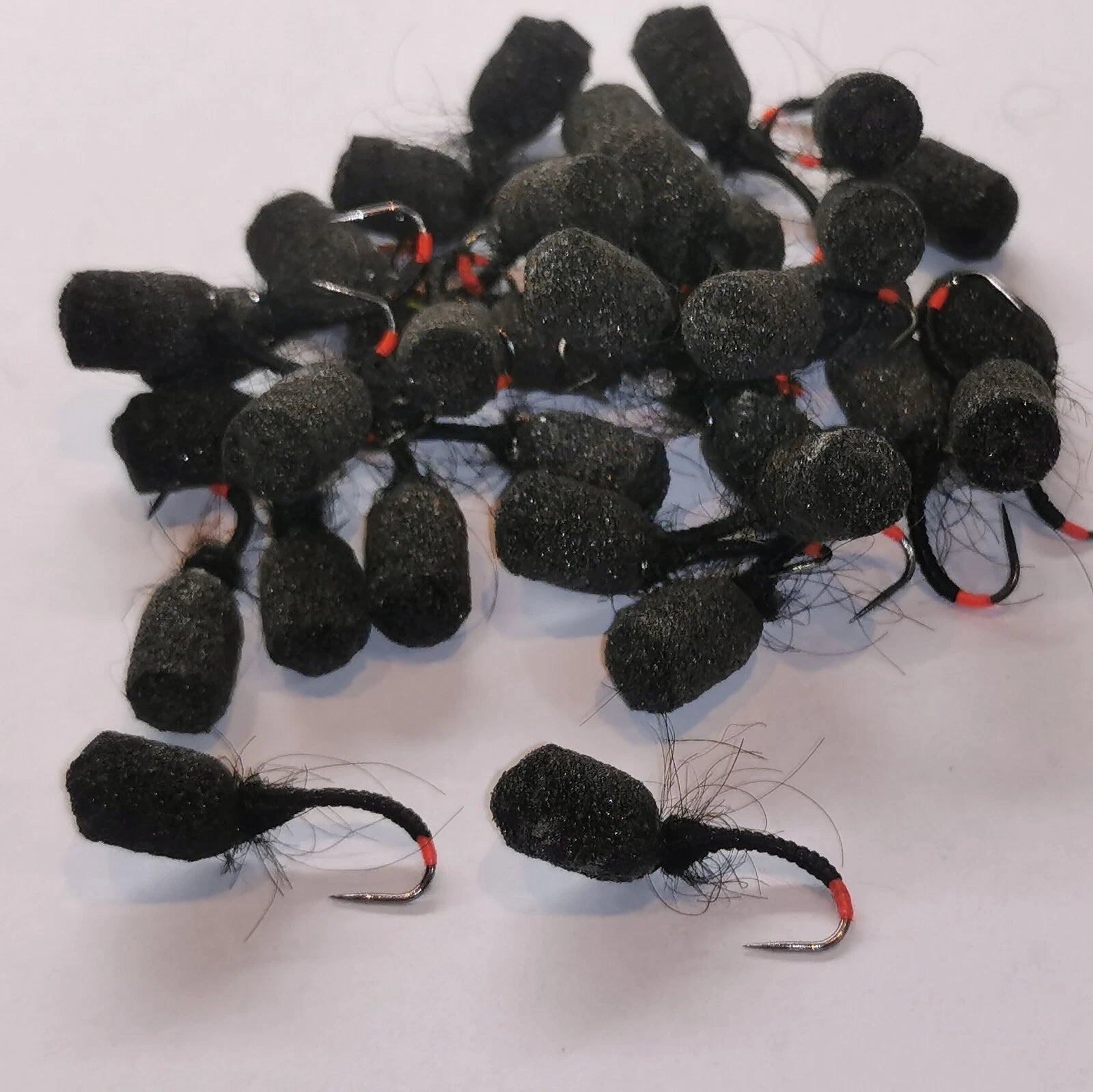 6 Black suspender top hat emerger black foam Buzzer red tag. Trout Fly Fishing
