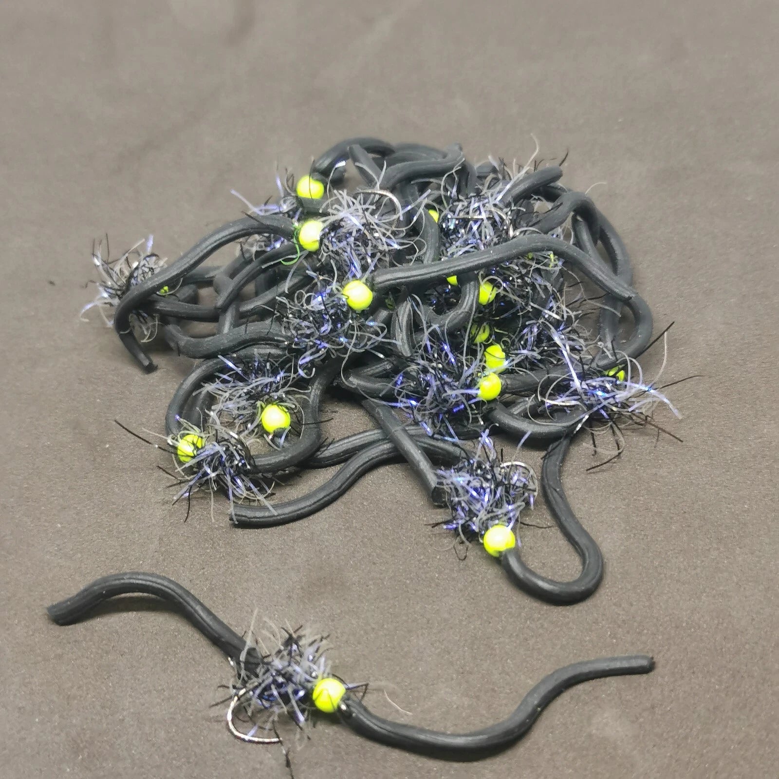 6 x Black and Chartreuse VIVA Themed Squirmy size 10  Barbless squirmy Worm