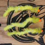 6 Dawsons Olive Electric Eggstacy Worms. Fly Fishing trout fly lure barbless