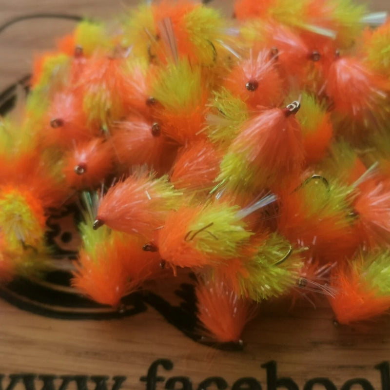 6 Fluro Yellow and Peach Flash Tail BLOBS/TROUT FLIES/FLY FISHING size 10 barbed